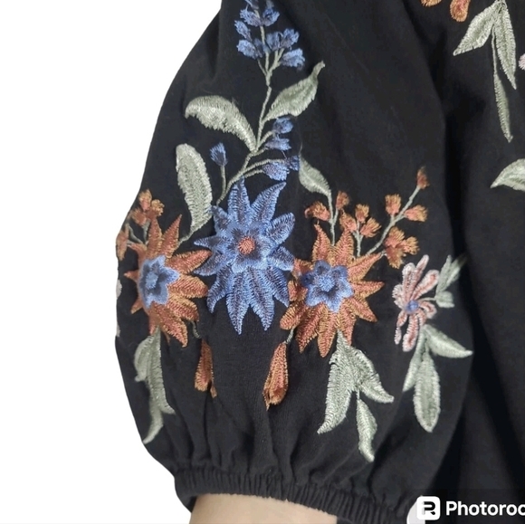 ASOS Black Embroidered Puff Sleeve Wrap Mini Dress Size 14 - Picture 4 of 12